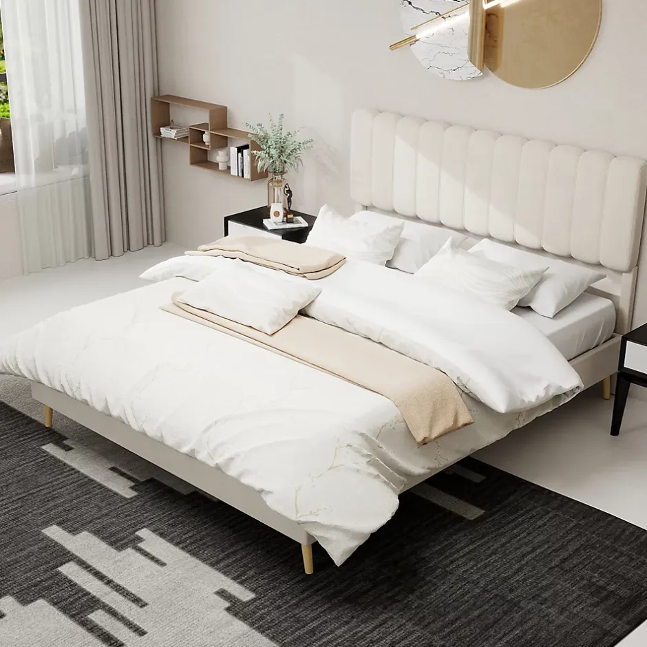 Okwish Lit Double 160x200 cm - avec Tête de Lit Douce et Base Basse Anti-Poussière, Cadre Confortable, en Velours, Beige, Sans Matelas Sale