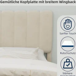 Okwish Lit Double 140x200 cm - avec Tête de Lit Douce et Base Basse Anti-Poussière, Cadre Confortable, en Velours, Beige, Sans Matelas