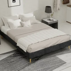 Okwish Lit Double 140x200 cm - Cadre Minimaliste Moderne à Structure Basse, Sans Tête de Lit, Sans Matelas, en Velours Hollandais, Gris