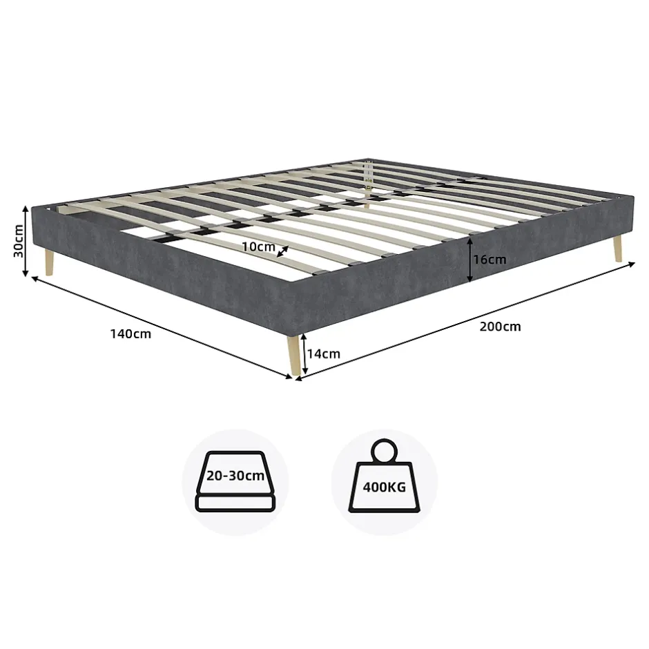Okwish Lit Double 140x200 cm - Cadre Minimaliste Moderne à Structure Basse, Sans Tête de Lit, Sans Matelas, en Velours Hollandais, Gris