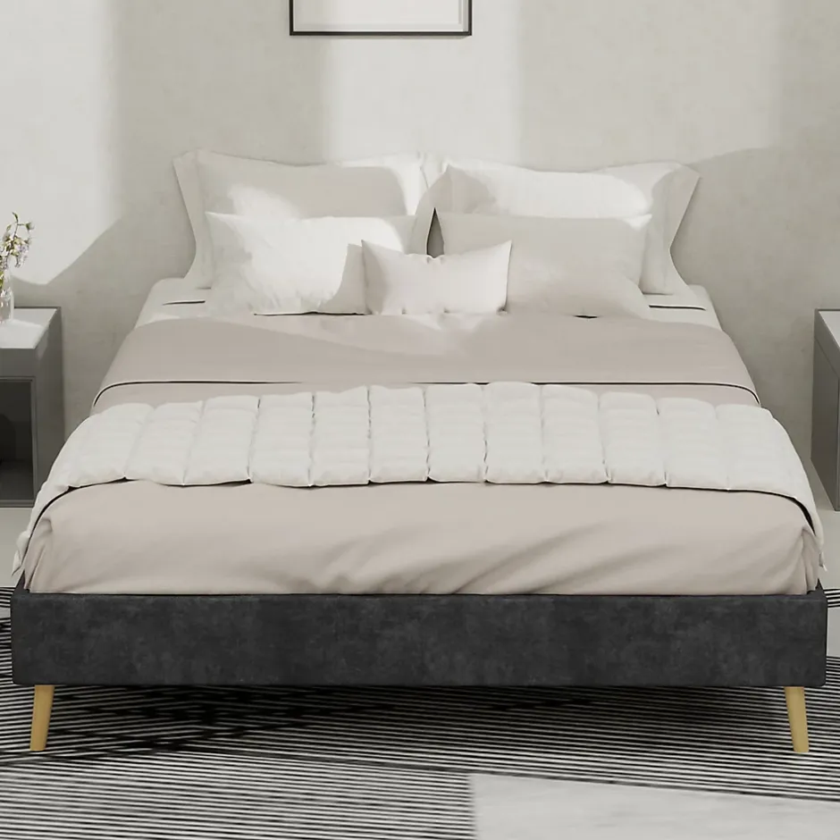 Okwish Lit Double 140x200 cm - Cadre Minimaliste Moderne à Structure Basse, Sans Tête de Lit, Sans Matelas, en Velours Hollandais, Gris