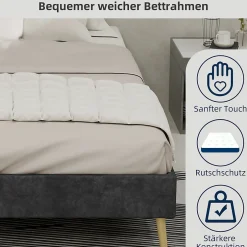 Okwish Lit Double 140x200 cm - Cadre Minimaliste Moderne à Structure Basse, Sans Tête de Lit, Sans Matelas, en Velours Hollandais, Gris