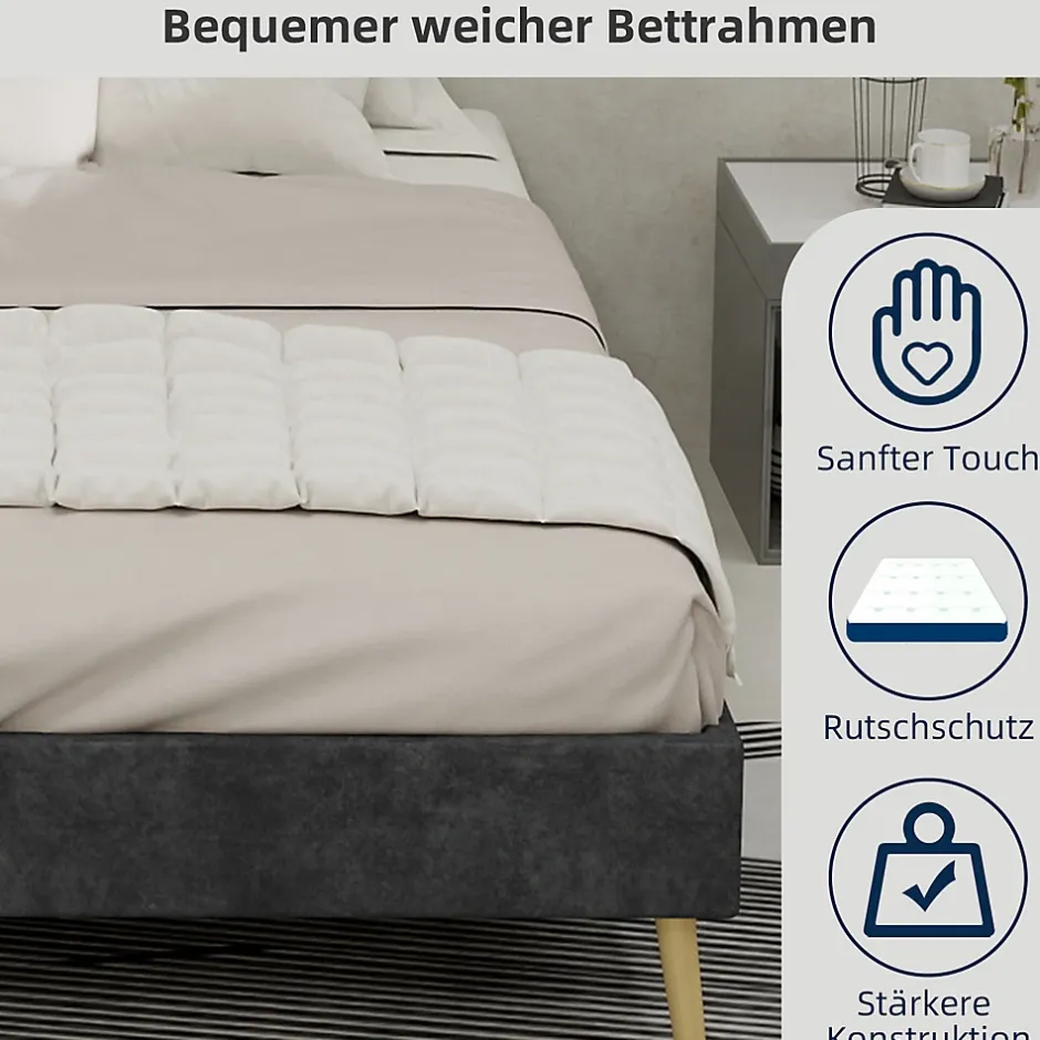 Okwish Lit Double 140x200 cm - Cadre Minimaliste Moderne à Structure Basse, Sans Tête de Lit, Sans Matelas, en Velours Hollandais, Gris