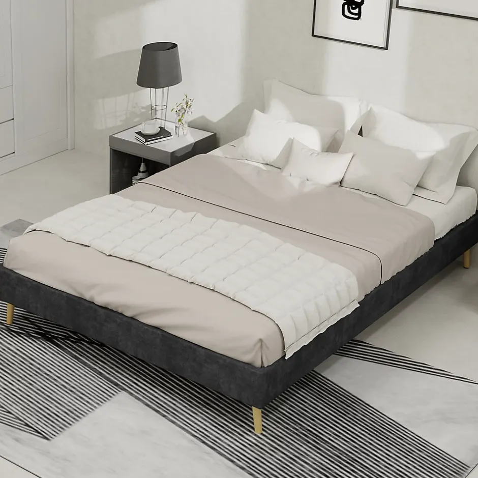 Okwish Lit Double 140x200 cm - Cadre Minimaliste Moderne à Structure Basse, Sans Tête de Lit, Sans Matelas, en Velours Hollandais, Gris