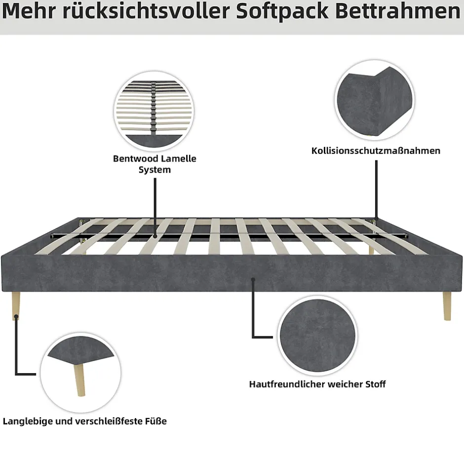 Okwish Lit Double 140x200 cm - Cadre Minimaliste Moderne à Structure Basse, Sans Tête de Lit, Sans Matelas, en Velours Hollandais, Gris