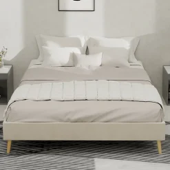 Okwish Lit Double 140x200 cm - Cadre Moderne, Revêtement en Velours, sans Matelas, Beige Discount