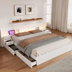 Okwish Lit Double 180x200 cm 2 Chevets avec USB, Éclairage LED, Prise et Contrôle Via App Mobile, 4 Tiroirs, Blanc, Pin, Sans Matelas