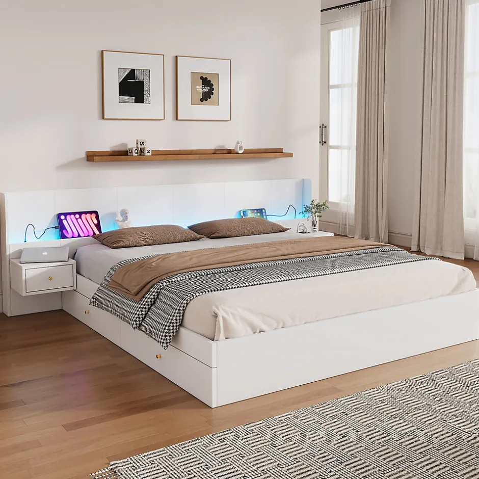 Okwish Lit Double 180x200 cm 2 Chevets avec USB, Éclairage LED, Prise et Contrôle Via App Mobile, 4 Tiroirs, Blanc, Pin, Sans Matelas