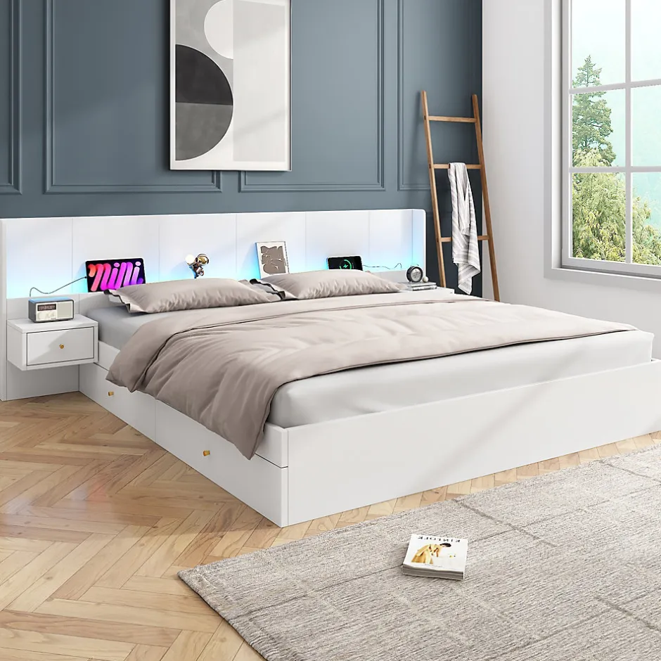 Okwish Lit Double 180x200 cm 2 Chevets avec USB, Éclairage LED, Prise et Contrôle Via App Mobile, 4 Tiroirs, Blanc, Pin, Sans Matelas