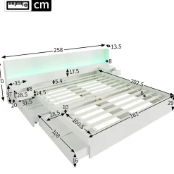 Okwish Lit Double 180x200 cm 2 Chevets avec USB, Éclairage LED, Prise et Contrôle Via App Mobile, 4 Tiroirs, Blanc, Pin, Sans Matelas
