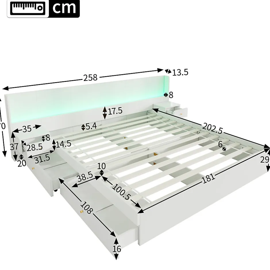 Okwish Lit Double 180x200 cm 2 Chevets avec USB, Éclairage LED, Prise et Contrôle Via App Mobile, 4 Tiroirs, Blanc, Pin, Sans Matelas
