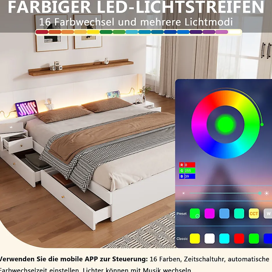 Okwish Lit Double 180x200 cm 2 Chevets avec USB, Éclairage LED, Prise et Contrôle Via App Mobile, 4 Tiroirs, Blanc, Pin, Sans Matelas