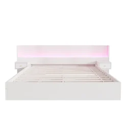 Okwish Lit Double 180x200 cm 2 Chevets avec USB, Éclairage LED, Prise et Contrôle Via App Mobile, 4 Tiroirs, Blanc, Pin, Sans Matelas