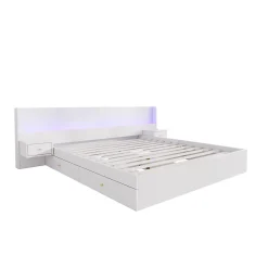 Okwish Lit Double 180x200 cm 2 Chevets avec USB, Éclairage LED, Prise et Contrôle Via App Mobile, 4 Tiroirs, Blanc, Pin, Sans Matelas