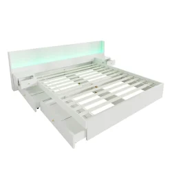 Okwish Lit Double 180x200 cm 2 Chevets avec USB, Éclairage LED, Prise et Contrôle Via App Mobile, 4 Tiroirs, Blanc, Pin, Sans Matelas