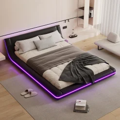 Okwish Lit Double 140x200 cm - Éclairage LED avec Télécommande 24 Touches - PU et MDF - Noir - Sans Matelas