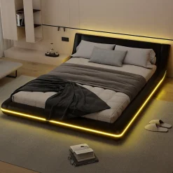 Okwish Lit Double 140x200 cm - Éclairage LED avec Télécommande 24 Touches - PU et MDF - Noir - Sans Matelas