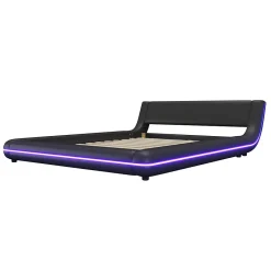 Okwish Lit Double 140x200 cm - Éclairage LED avec Télécommande 24 Touches - PU et MDF - Noir - Sans Matelas