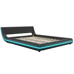 Okwish Lit Double 140x200 cm - Éclairage LED avec Télécommande 24 Touches - PU et MDF - Noir - Sans Matelas
