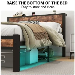 Okwish Lit Double 140x200 cm - Lit Ado Métal avec Tête de Lit Rangement, MDF, Marron - Solide et Silencieux - Sans Matelas Clearance
