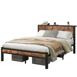 Okwish Lit Double 140x200 cm - Lit Ado Métal avec Tête de Lit Rangement, MDF, Marron - Solide et Silencieux - Sans Matelas Clearance