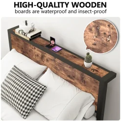 Okwish Lit Double 140x200 cm - Lit Ado Métal avec Tête de Lit Rangement, MDF, Marron - Solide et Silencieux - Sans Matelas Clearance
