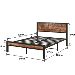 Okwish Lit Double 140x200 cm - Lit Ado Métal avec Tête de Lit Rangement, MDF, Marron - Solide et Silencieux - Sans Matelas Clearance
