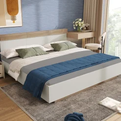 Generique Lit double 180x200 cm - Lit adulte flottant en bois massif avec sommier à lattes - Bois massif - Sans Matelas - Naturel