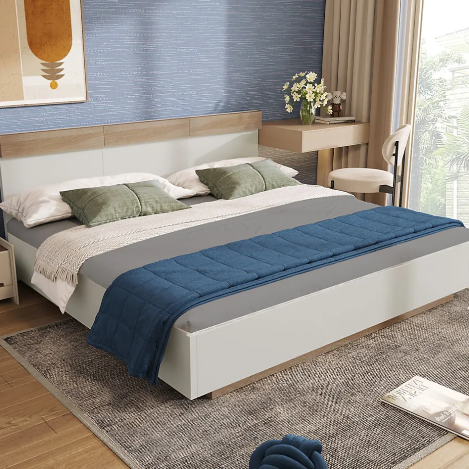 Generique Lit double 180x200 cm - Lit adulte flottant en bois massif avec sommier à lattes - Bois massif - Sans Matelas - Naturel