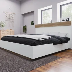 Generique Lit double 180x200 cm - Lit adulte flottant en bois massif avec sommier à lattes - Bois massif - Sans Matelas - Naturel