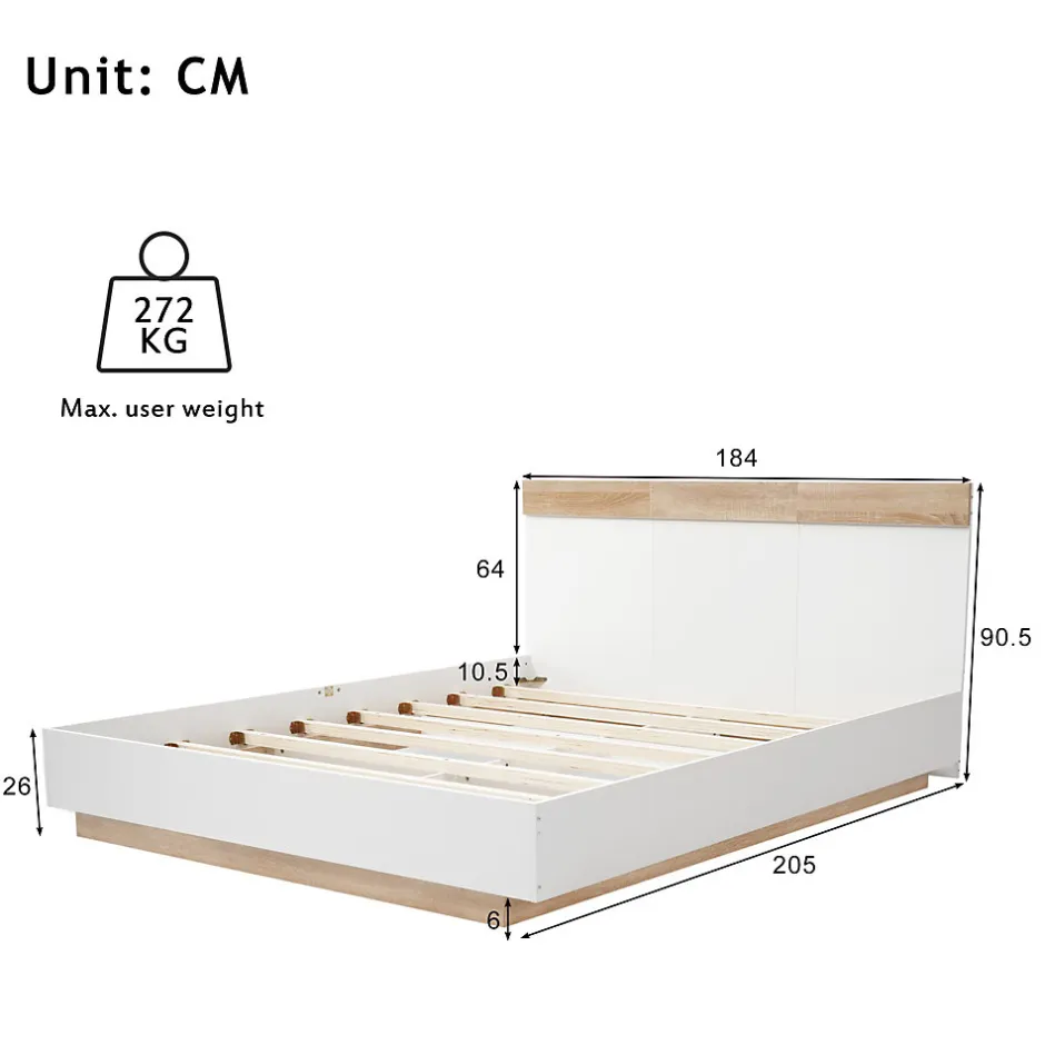 Generique Lit double 180x200 cm - Lit adulte flottant en bois massif avec sommier à lattes - Bois massif - Sans Matelas - Naturel