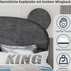 Okwish Lit Double 140x200 cm - Lit Adulte avec Tête Cartoon Capitonnée et Cadre Bas, Velours Gris, sans Matelas Hot