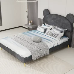 Okwish Lit Double 140x200 cm - Lit Adulte avec Tête Cartoon Capitonnée et Cadre Bas, Velours Gris, sans Matelas Hot