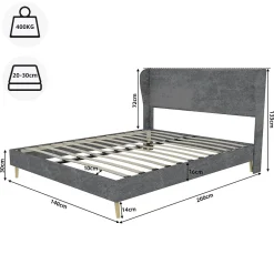 Okwish Lit Double 140x200 cm - Lit Adulte avec Tête de Lit Douce et Base Basse, Lit Capitonné Moderne, en Velours Gris, Sans Matelas