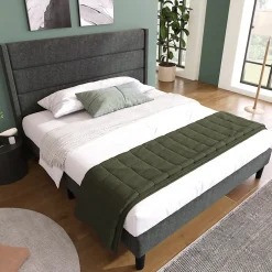 Okwish Lit double 140x200 cm - Lit adulte double capitonné avec sommier à lattes - Lin - Sans Matelas - Gris Foncé