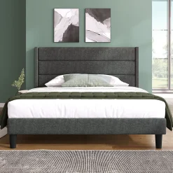 Okwish Lit double 140x200 cm - Lit adulte double capitonné avec sommier à lattes - Lin - Sans Matelas - Gris Foncé