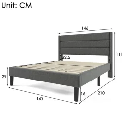 Okwish Lit double 140x200 cm - Lit adulte double capitonné avec sommier à lattes - Lin - Sans Matelas - Gris Foncé