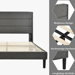 Okwish Lit double 140x200 cm - Lit adulte double capitonné avec sommier à lattes - Lin - Sans Matelas - Gris Foncé