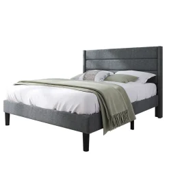 Okwish Lit double 140x200 cm - Lit adulte double capitonné avec sommier à lattes - Lin - Sans Matelas - Gris Foncé