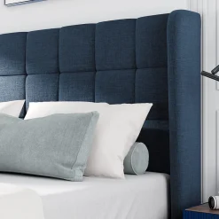Okwish Lit double 140x200 cm - Lit adulte capitonné avec sommier à lattes - Lin - Sans Matelas - Bleu Online
