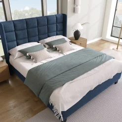 Okwish Lit double 140x200 cm - Lit adulte capitonné avec sommier à lattes - Lin - Sans Matelas - Bleu Online