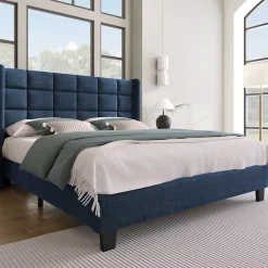 Okwish Lit double 140x200 cm - Lit adulte capitonné avec sommier à lattes - Lin - Sans Matelas - Bleu Online