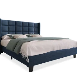 Okwish Lit double 140x200 cm - Lit adulte capitonné avec sommier à lattes - Lin - Sans Matelas - Bleu Online