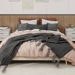 Okwish Lit Double 160x200 cm - Lit Adulte et Ado, Cadre Bas Minimaliste et Confortable, Sans Tête de Lit, Beige New