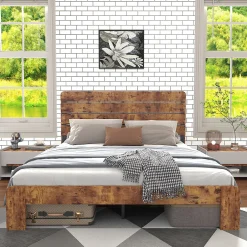 Okwish Lit Double 140x200 cm - Lit Adulte en Bois avec Cadre Métal Robuste - Style Industriel - Sans Matelas - Marron