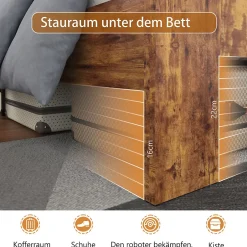 Okwish Lit Double 140x200 cm - Lit Adulte en Bois avec Cadre Métal Robuste - Style Industriel - Sans Matelas - Marron