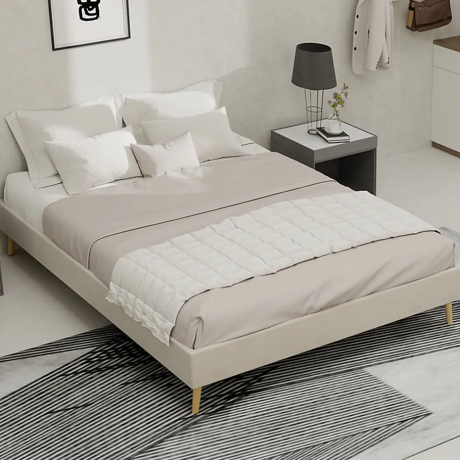 Okwish Lit Double 140x200 cm - Lit Adulte et Ado, Cadre Bas Minimaliste et Confortable, Sans Tête de Lit, Structure Robuste, Beige