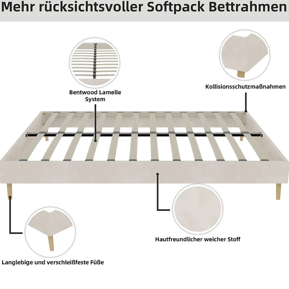 Okwish Lit Double 140x200 cm - Lit Adulte et Ado, Cadre Bas Minimaliste et Confortable, Sans Tête de Lit, Structure Robuste, Beige