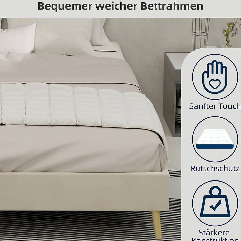 Okwish Lit Double 140x200 cm - Lit Adulte et Ado, Cadre Bas Minimaliste et Confortable, Sans Tête de Lit, Structure Robuste, Beige