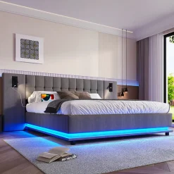 Okwish Lit Double 180x200 cm - Lit Adulte Rembourré avec Tête de Lit LED et Prise USB - Lin + MDF - Sans Matelas - Gris